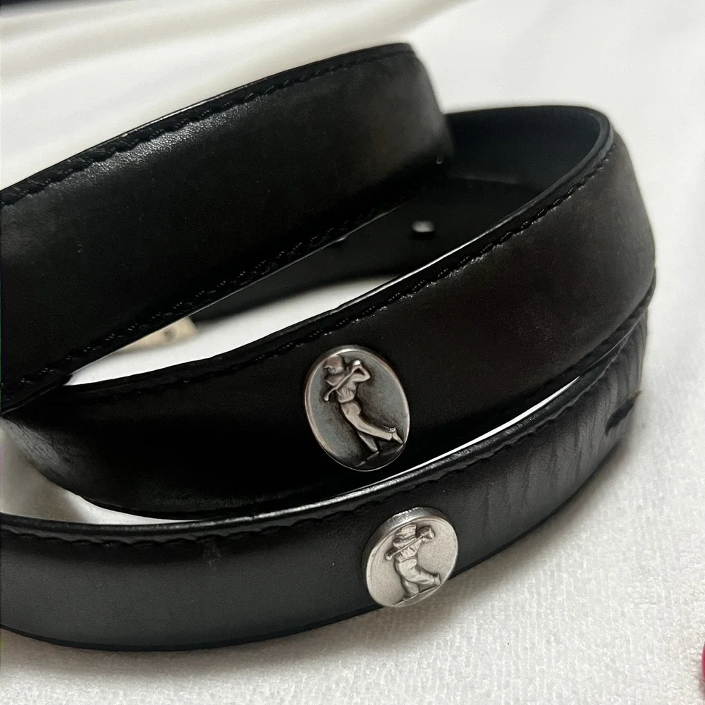 Black‎ Leather Men's Golf Belt With Silver Hardware, Total Length - 49 inches.